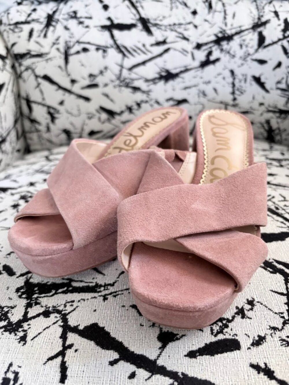 Sam Edelman Pink Suede Criss Cross Platform Mule Heels (Size 5)